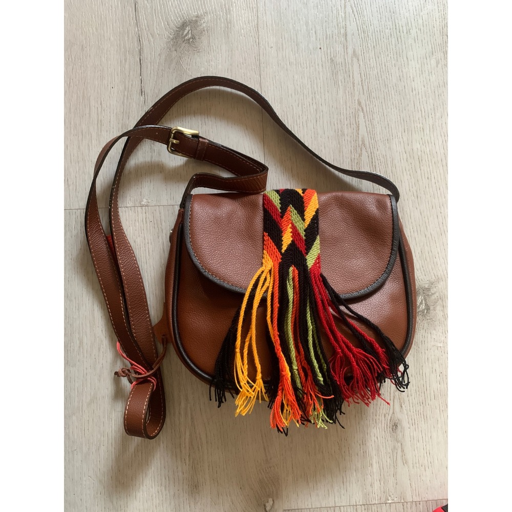 Boots N Bags Brown Leather Crossbody Bag Boho Fringe Woven Detail Colombia NEW
